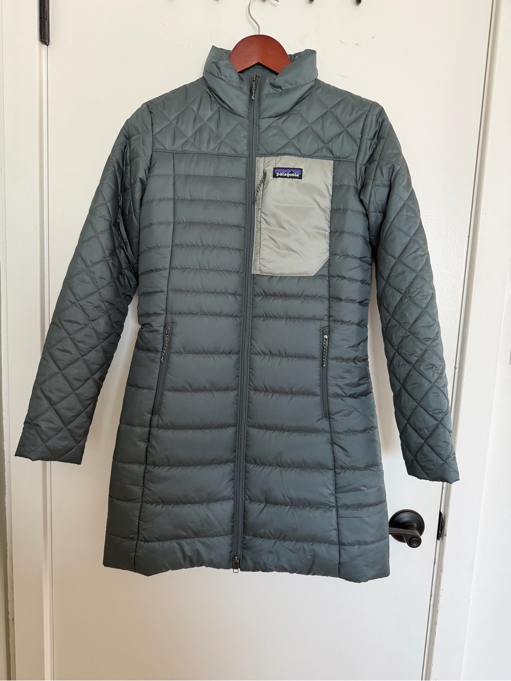 Patagonia Long Quilted Puffer Coat in Slate Green with Light Chest Pocket